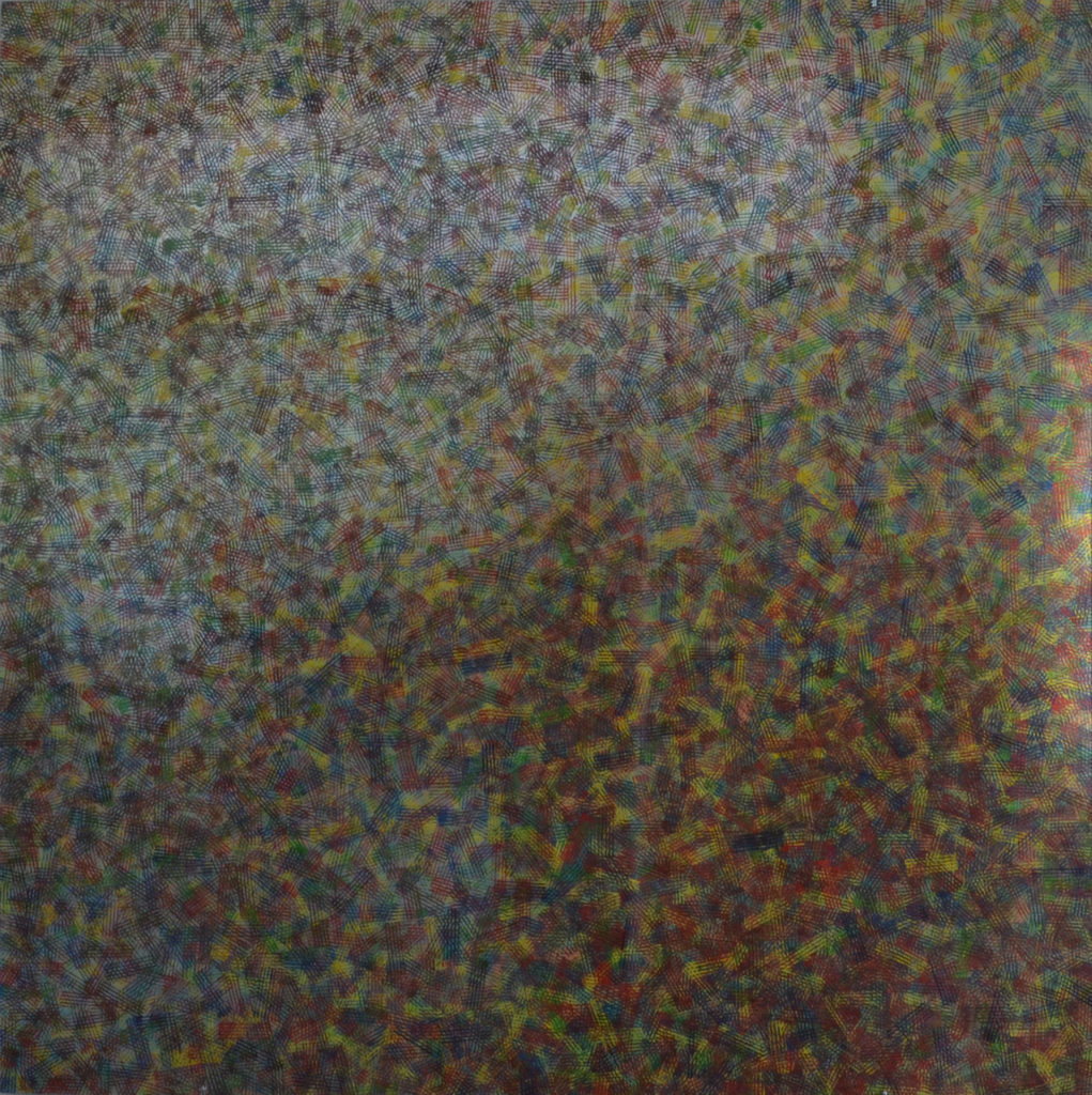 Stephan Sude, Entspiegelte Spiegelung, Öl auf Alu-Dibond, entspiegeltes Acrylglas, 96.5 x 96.5 cm, 2018